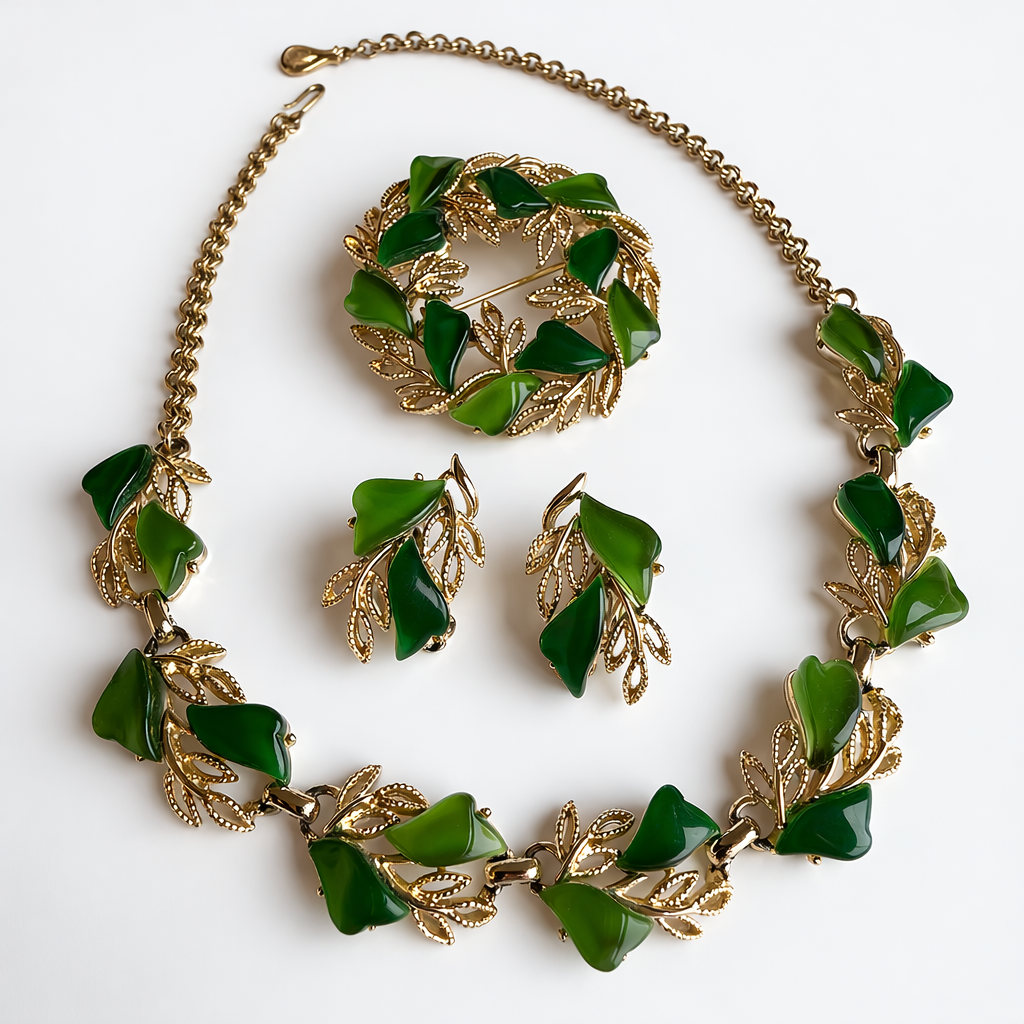 Coro Green Leaf Necklace, Brooch and Earring Set