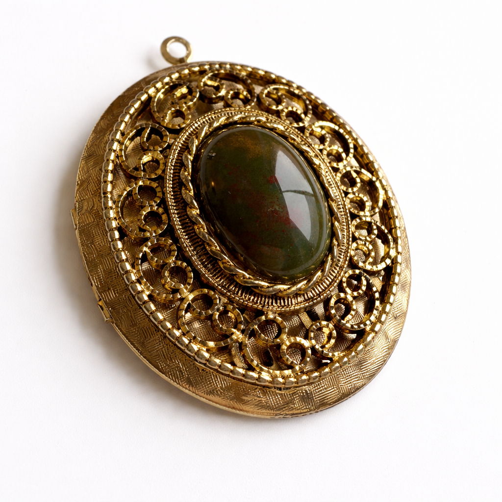 Ornate Oval Locket with Dark Green Bloodstone Cabochon Centre