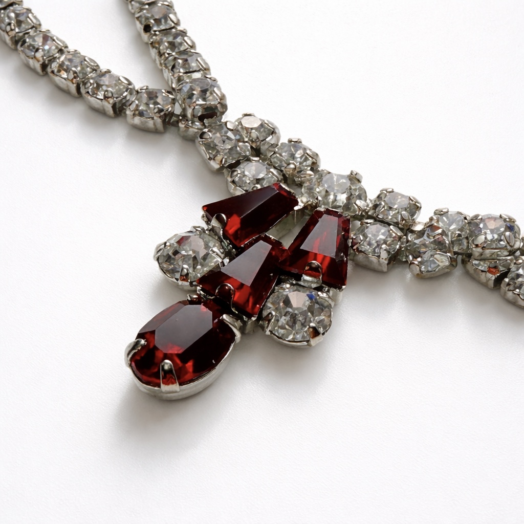 Sherman Red and Clear Rhinestone Bib Necklace