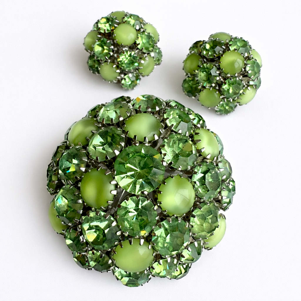 Warner Green Rhinestone Brooch and Earring Set